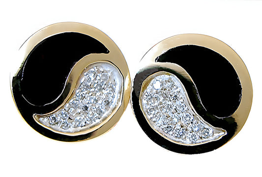 Black Coral inlay 2 tone Yen Yang and diamond earrings - In House Treasure