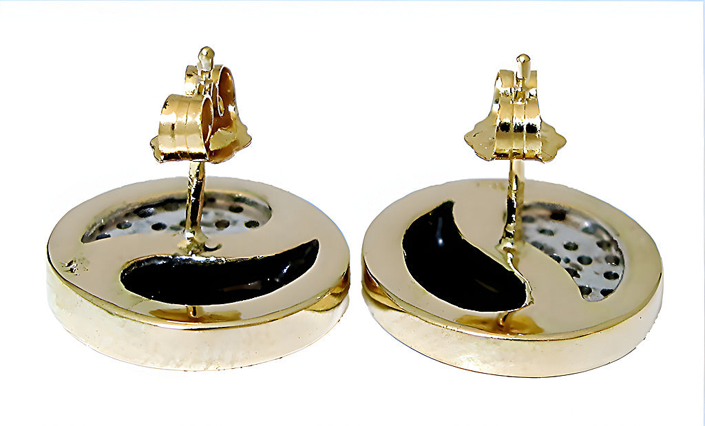 Black Coral inlay 2 tone Yen Yang and diamond earrings - In House Treasure