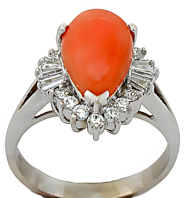 Pear shape Pink Coral ring with round and baguettes diamonds - In House Treasure