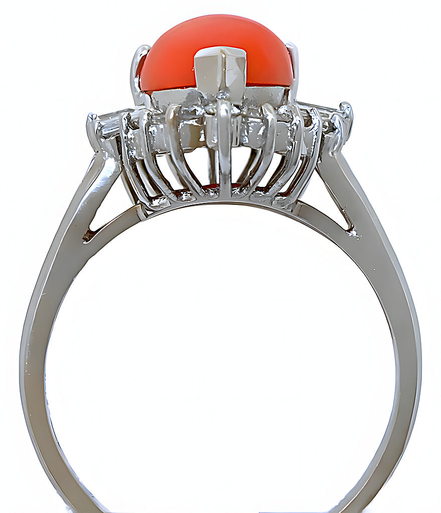Pear shape Pink Coral ring with round and baguettes diamonds - In House Treasure