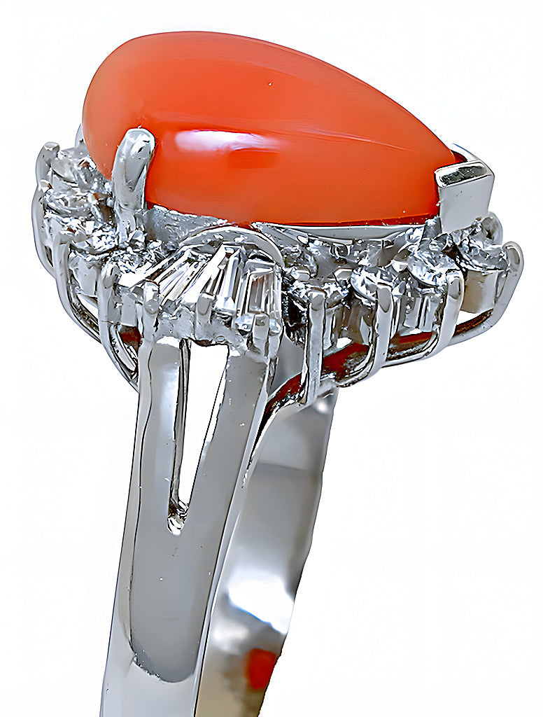 Pear shape Pink Coral ring with round and baguettes diamonds - In House Treasure