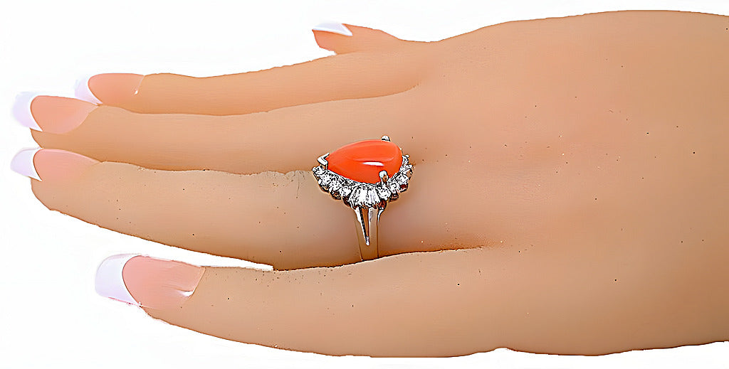Pear shape Pink Coral ring with round and baguettes diamonds - In House Treasure