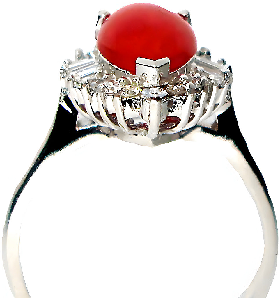 Pear shape Red Coral ring with round and baguette diamonds - In House Treasure