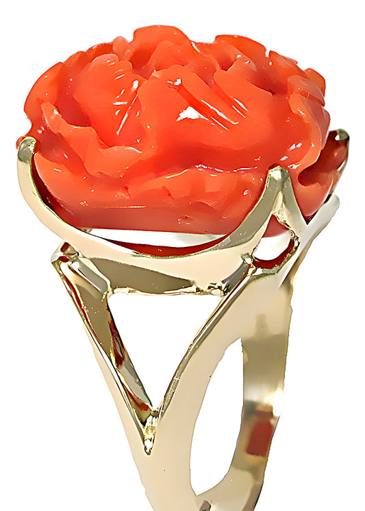 Pink Coral Carving Flower Ring - In House Treasure