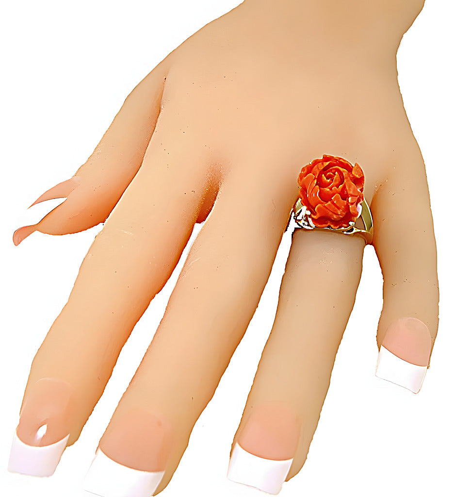 Pink Coral flower carving ring - In House Treasure