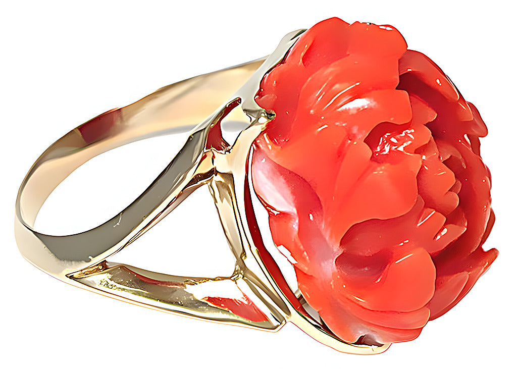 Pink Coral flower carving ring - In House Treasure