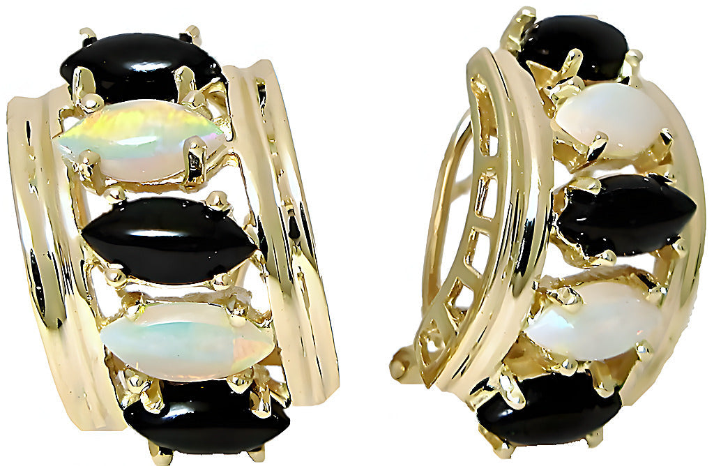 Marquise Black Coral, Opal Earrings - In House Treasure