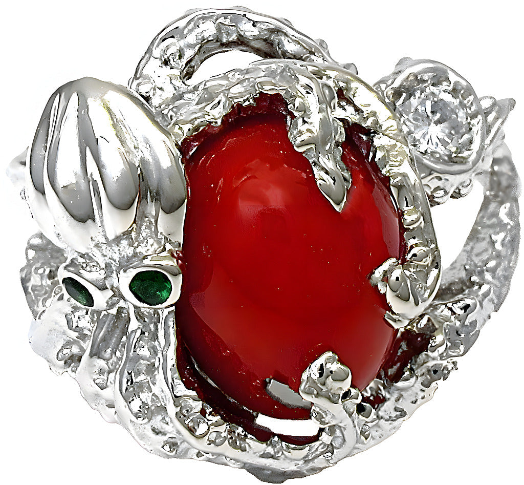 Red Oval Cabochon Coral Octopus Ring | In House Treasure