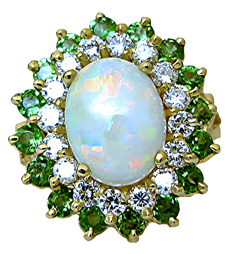 Australian opal ring with Emerald and diamond - In House Treasure