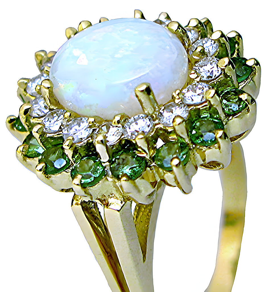 Australian opal ring with Emerald and diamond - In House Treasure