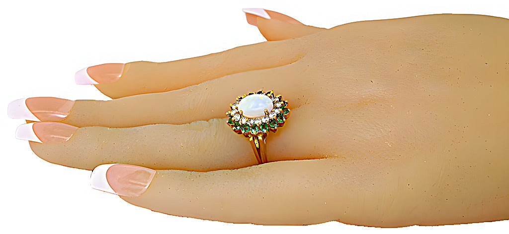 Australian opal ring with Emerald and diamond - In House Treasure