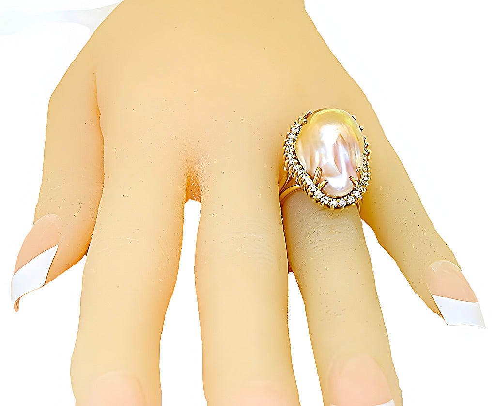 Beige Baroque Pearl Ring & Diamonds - In House Treasure