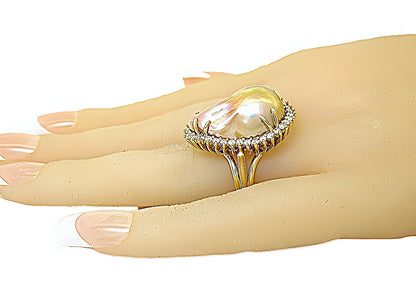 Beige Baroque Pearl Ring & Diamonds - In House Treasure 