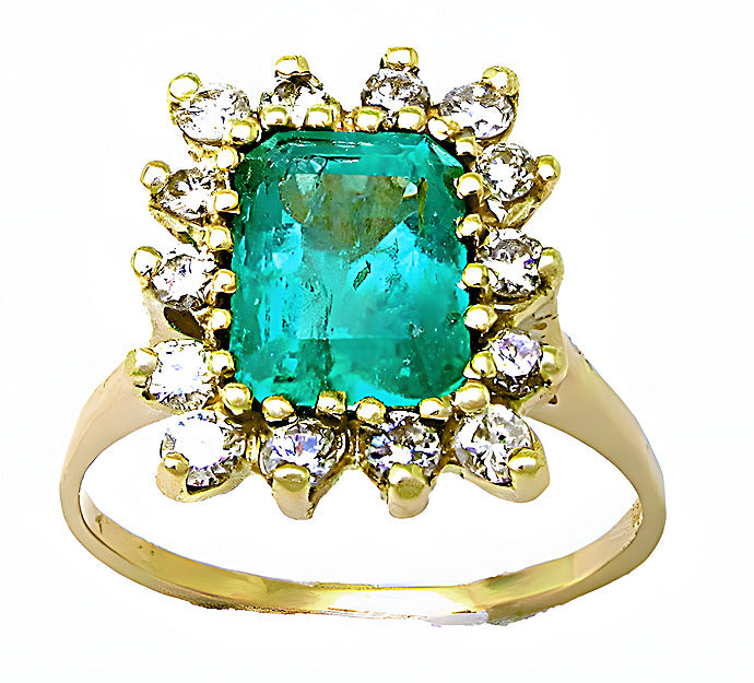 Colombian Emerald cut Emerald with diamond around ring - In House Treasure