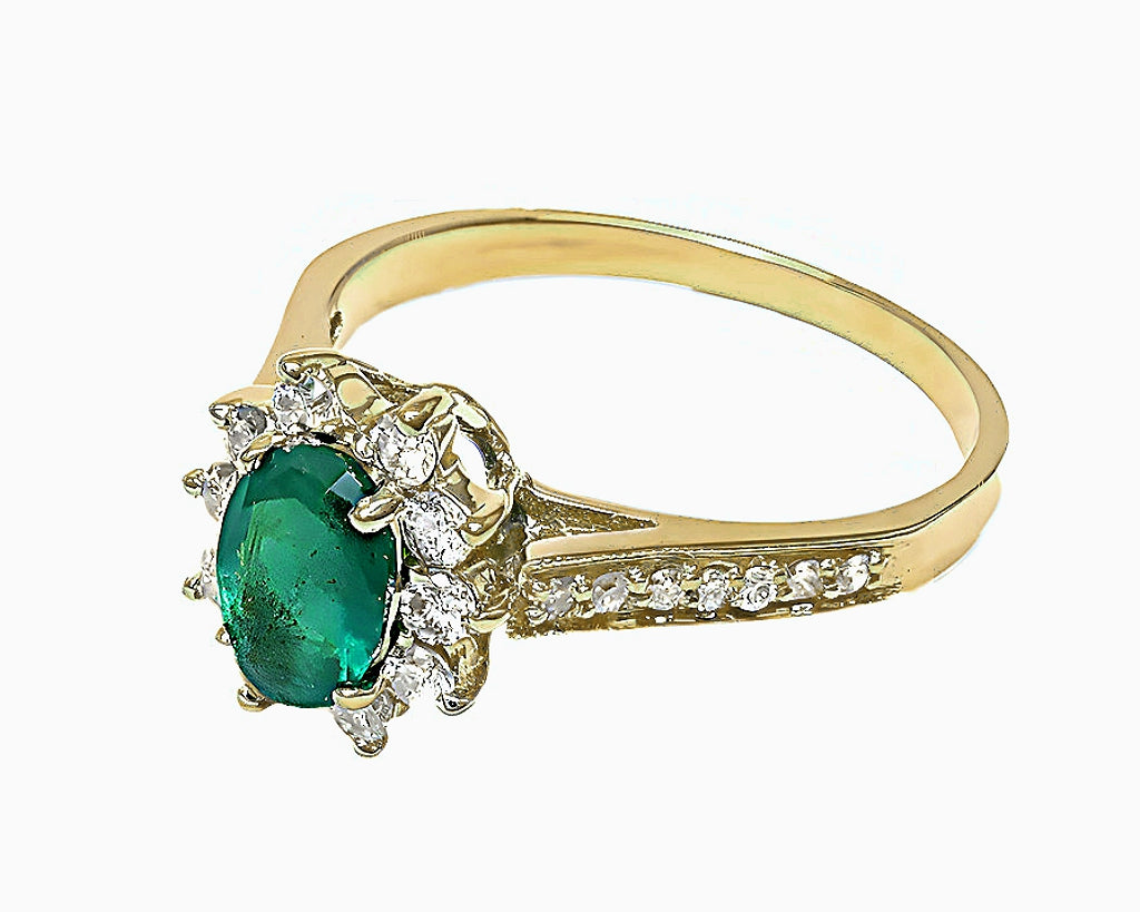 Emerald Ring, Round & Pavé Diamonds - In House Treasure