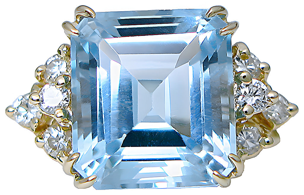 Emerald cut Blue Topaz and diamond ring - In House Treasure