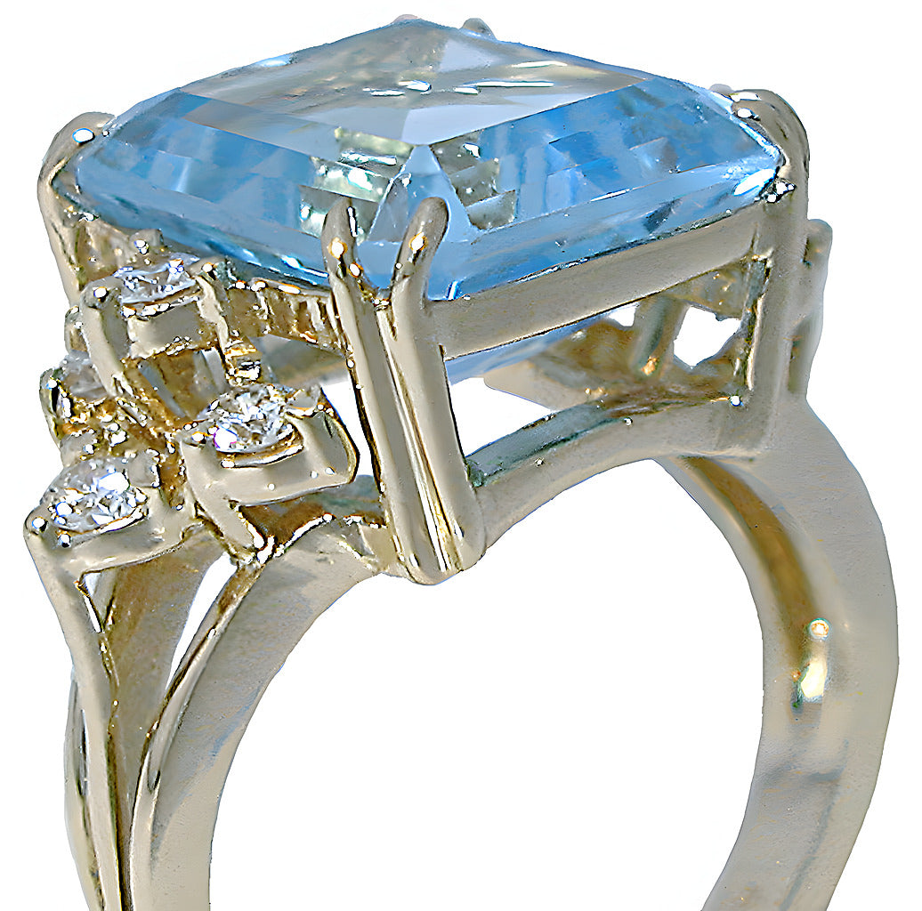 Emerald cut Blue Topaz and diamond ring - In House Treasure