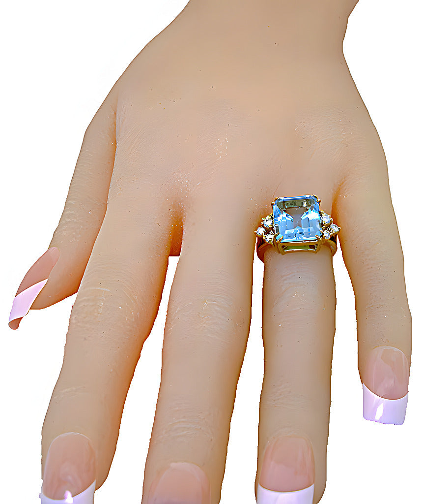 Emerald cut Blue Topaz and diamond ring - In House Treasure