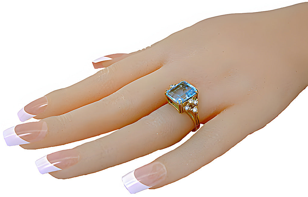 Emerald cut Blue Topaz and diamond ring - In House Treasure