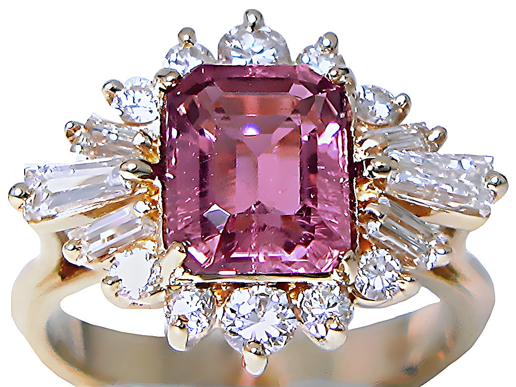 Emerald cut Pink Tourmaline Baguettes round diamonds ring - In House Treasure