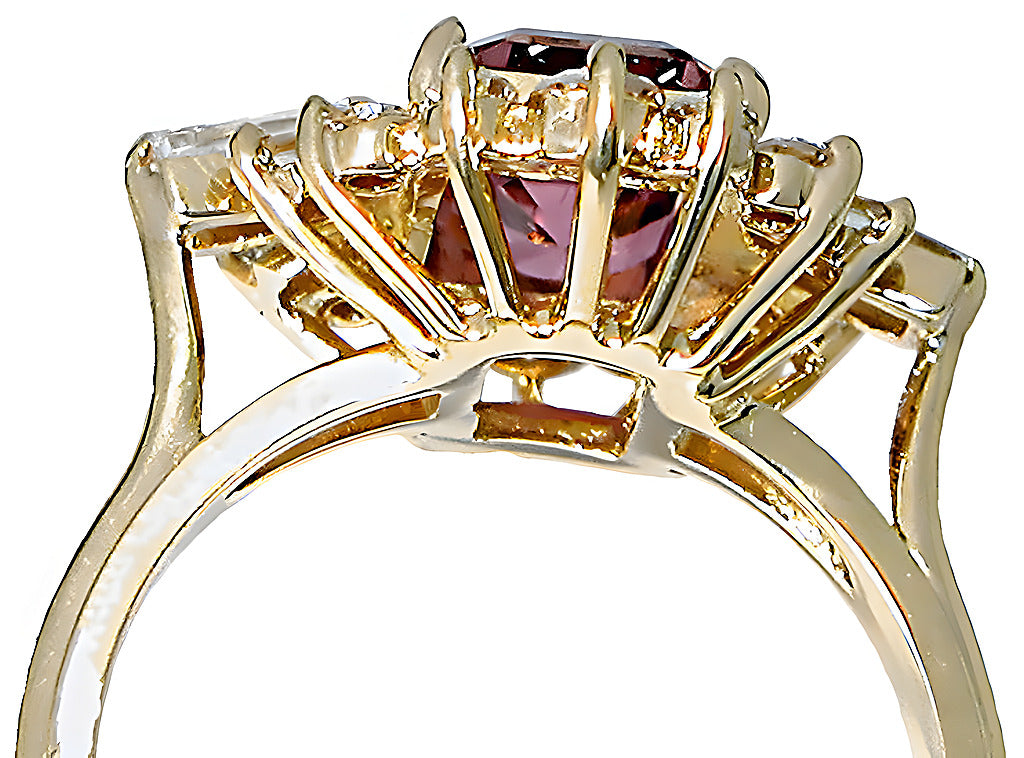 Emerald cut Pink Tourmaline Baguettes round diamonds ring - In House Treasure