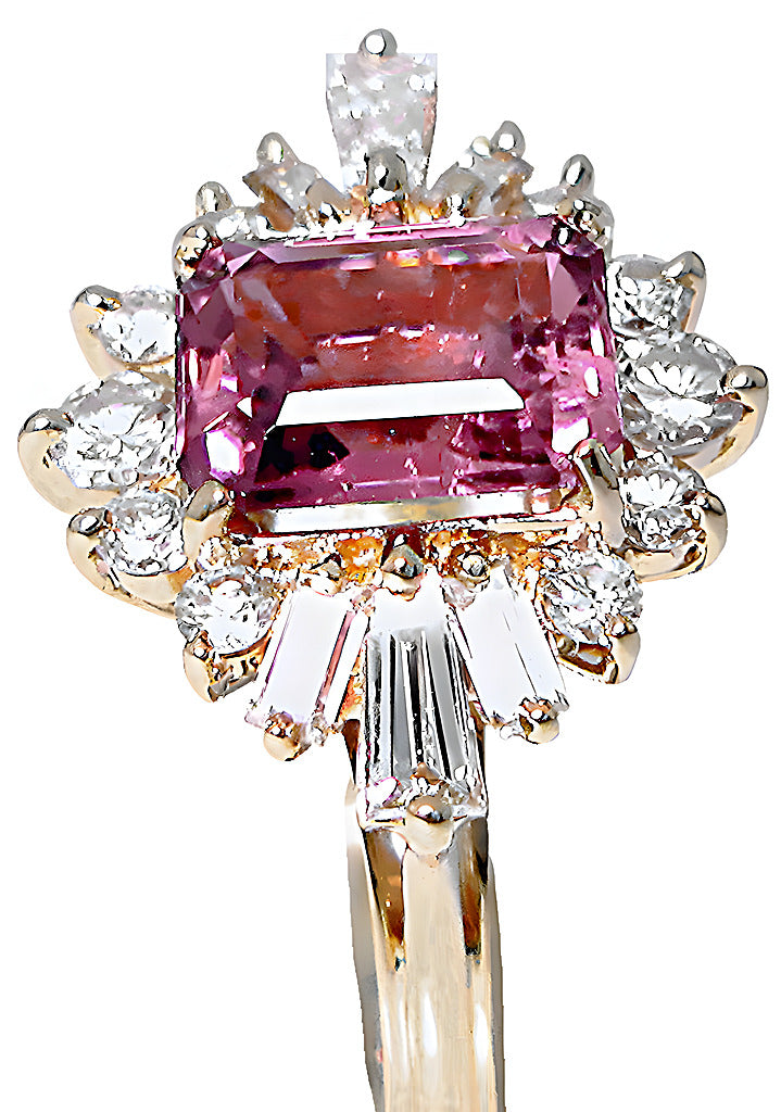 Emerald cut Pink Tourmaline Baguettes round diamonds ring - In House Treasure