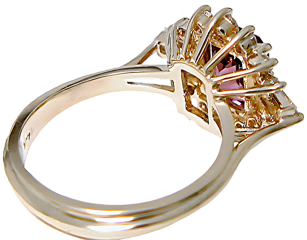 Emerald cut Pink Tourmaline Baguettes round diamonds ring - In House Treasure