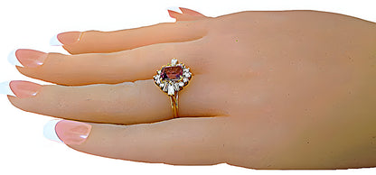 Emerald cut Pink Tourmaline Baguettes round diamonds ring - In House Treasure