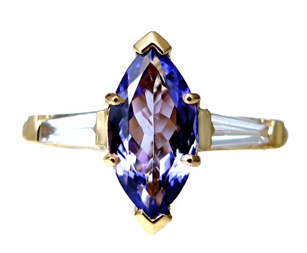 18k yellow gold Marquise Tanzanite and tapered baguette diamond solitaire ring, top view