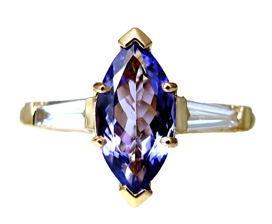 18k yellow gold Marquise Tanzanite and tapered baguette diamond solitaire ring, top view