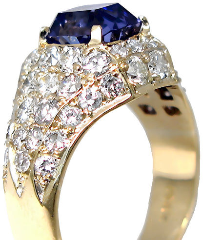 8k yellow gold Emerald/Cushion Cut Tanzanite ring with pave diamonds, side angle view