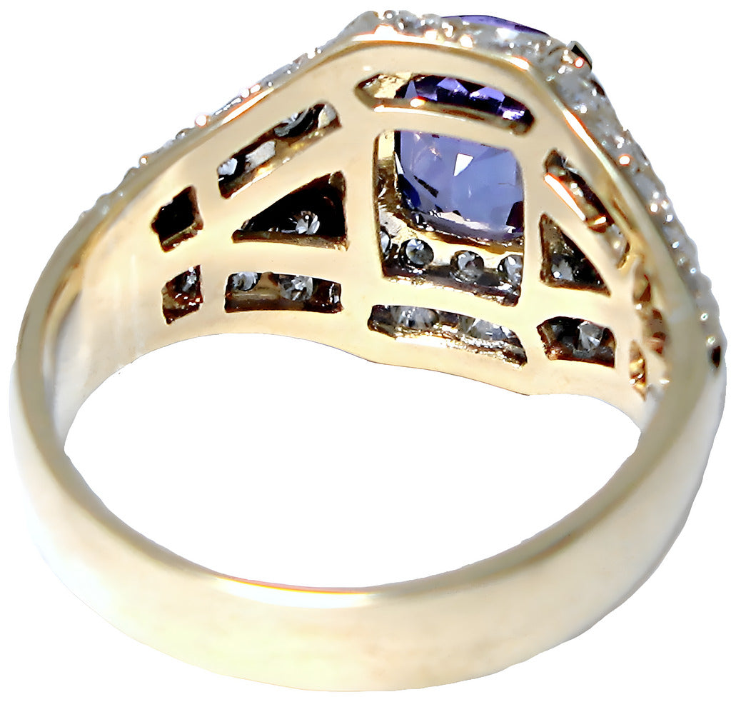 8k yellow gold Emerald/Cushion Cut Tanzanite ring with pave diamonds, laying down view