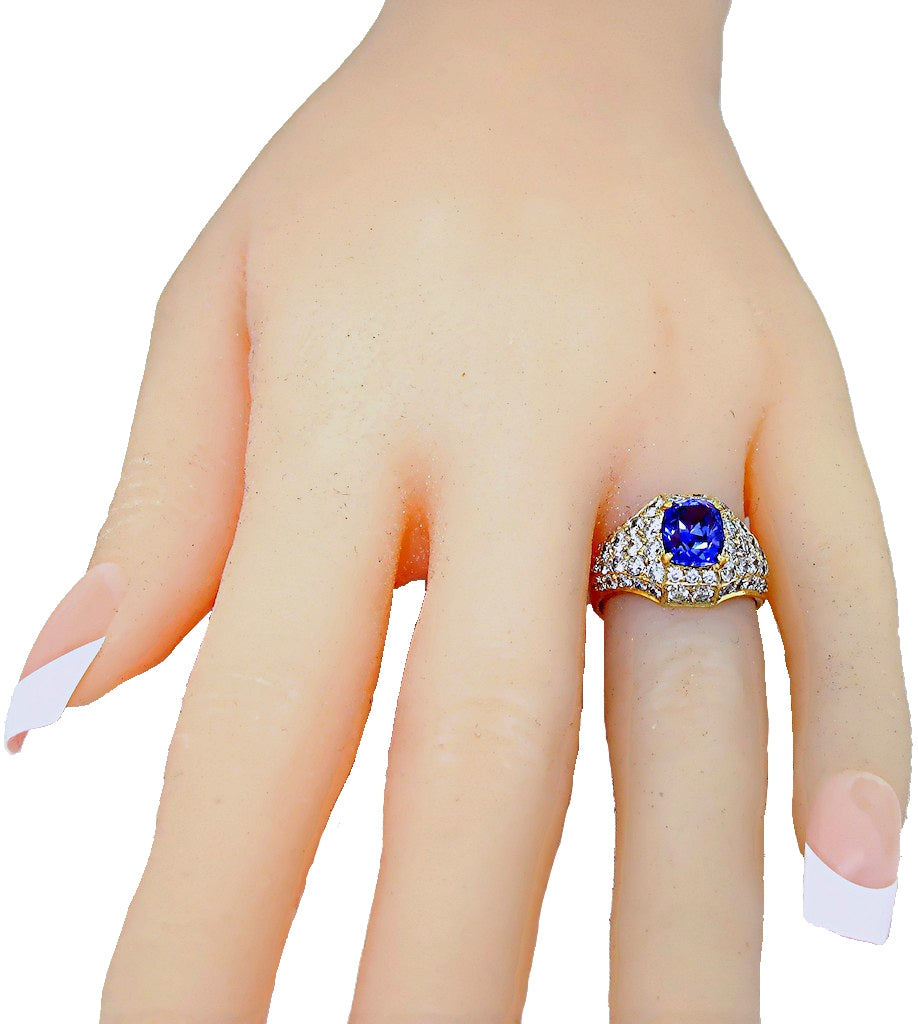 8k yellow gold Emerald/Cushion Cut Tanzanite ring with pave diamonds, hand front view