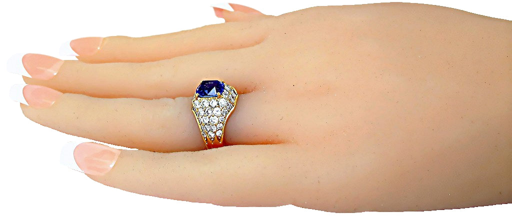 8k yellow gold Emerald/Cushion Cut Tanzanite ring with pave diamonds, hand side view