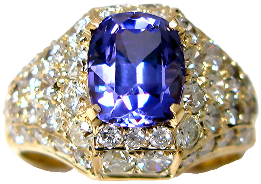 8k yellow gold Emerald/Cushion Cut Tanzanite ring with pave diamonds, top view