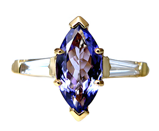 Marquise Tanzanite with baguette diamonds solitaire ring - In House Treasure