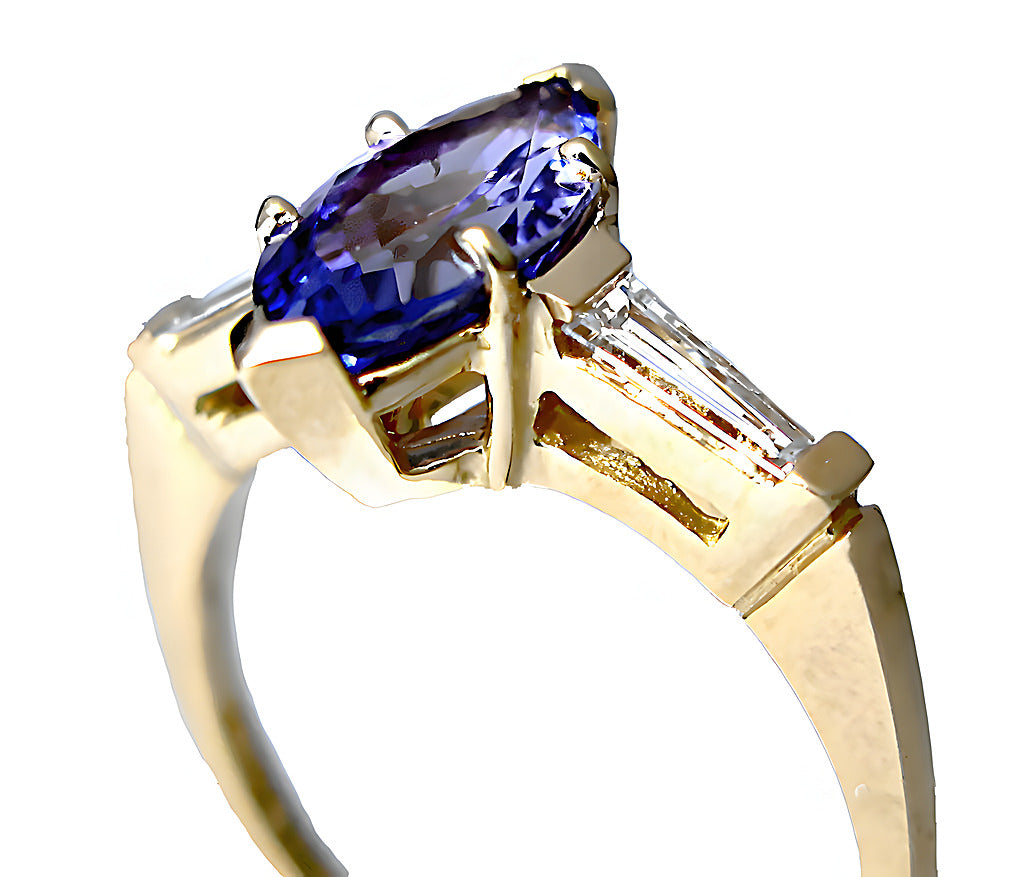 Marquise Tanzanite with baguette diamonds solitaire ring - In House Treasure