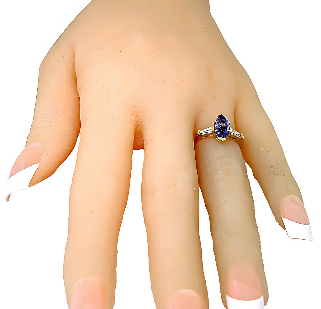 Marquise Tanzanite with baguette diamonds solitaire ring - In House Treasure