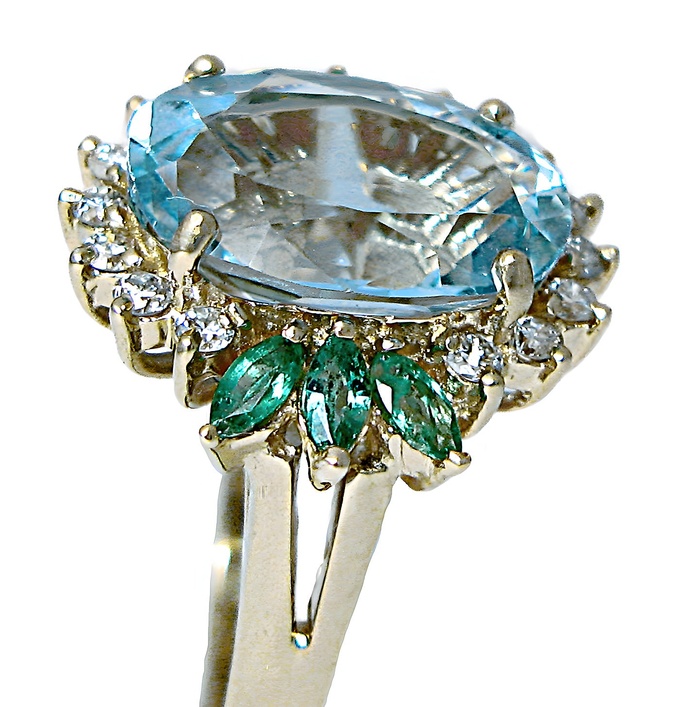 Oval Aquamarine with diamonds and marques emerald ring - In House Treasure