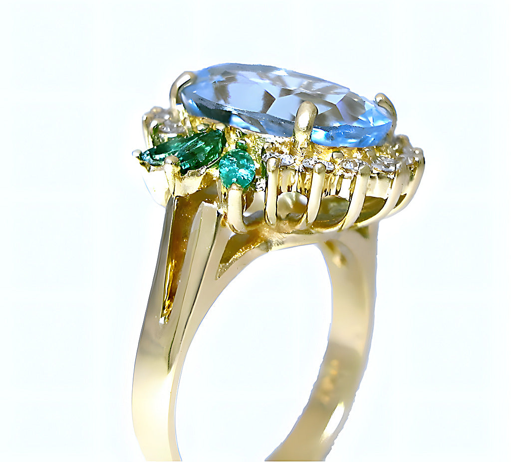 Oval Aquamarine with diamonds and marques emerald ring - In House Treasure