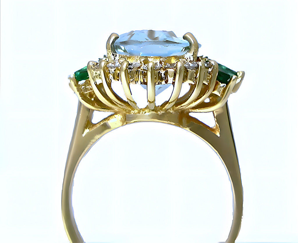 Oval Aquamarine with diamonds and marques emerald ring - In House Treasure