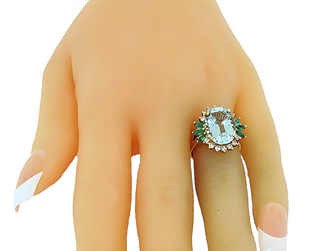 Oval Aquamarine with diamonds and marques emerald ring - In House Treasure