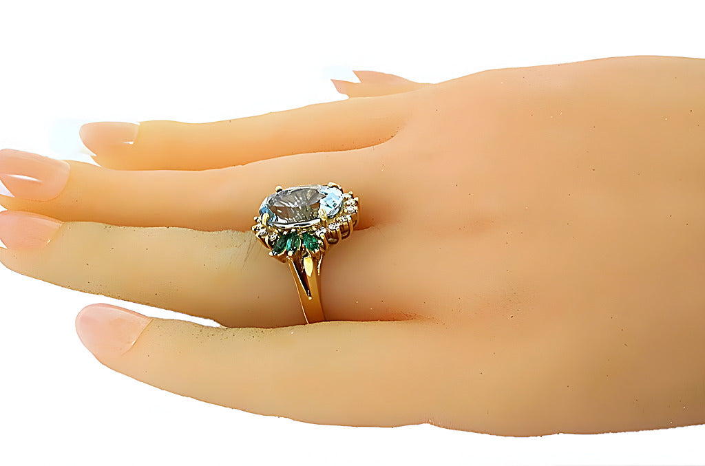 Oval Aquamarine with diamonds and marques emerald ring - In House Treasure