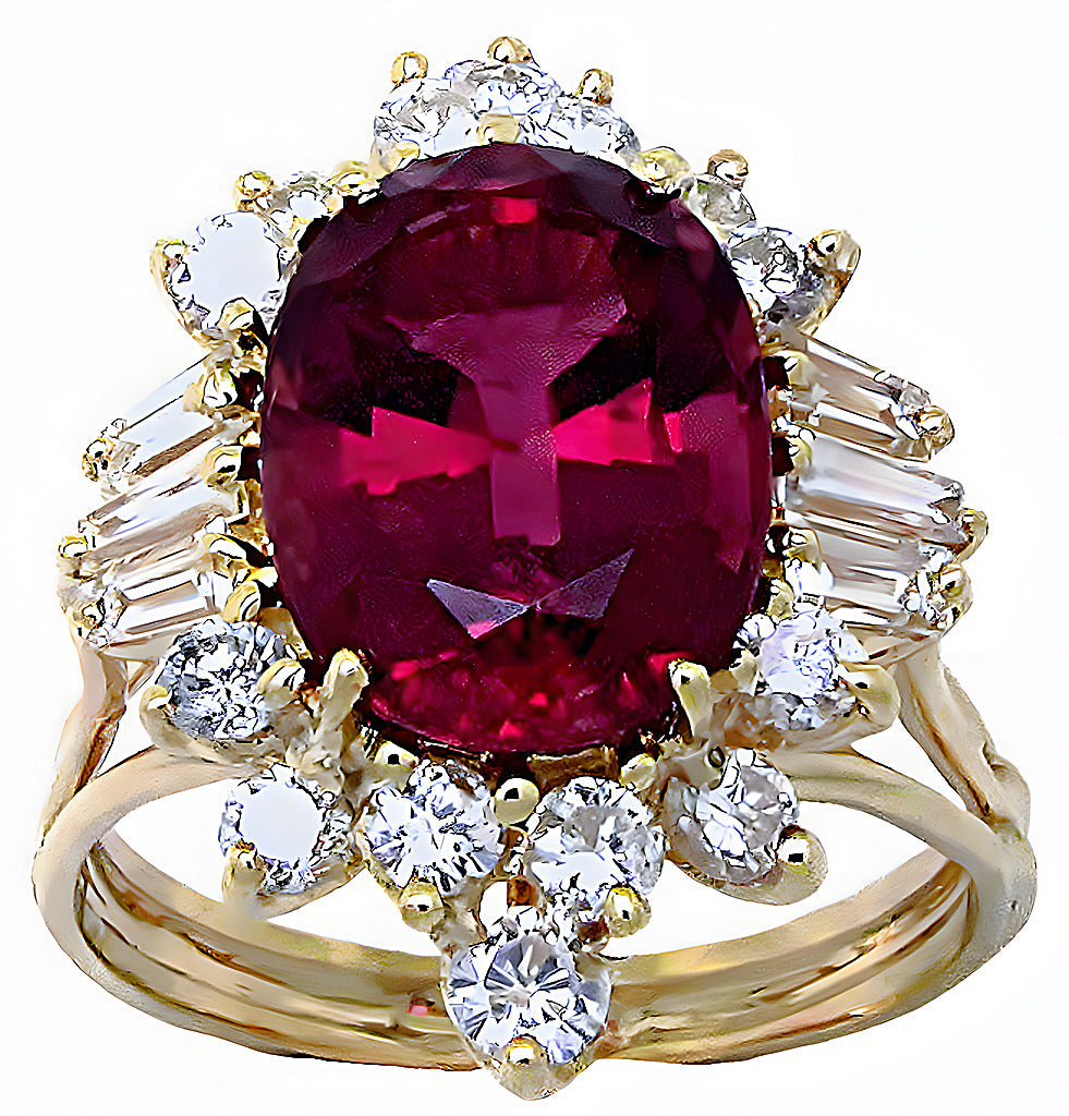 Oval Pink Tourmaline with baguette and round diamond ring - In House Treasure