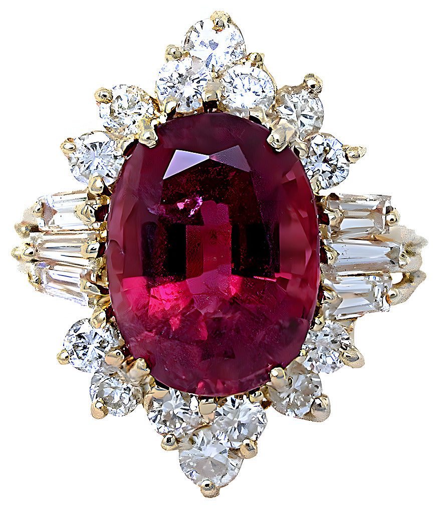 Oval Pink Tourmaline with baguette and round diamond ring - In House Treasure