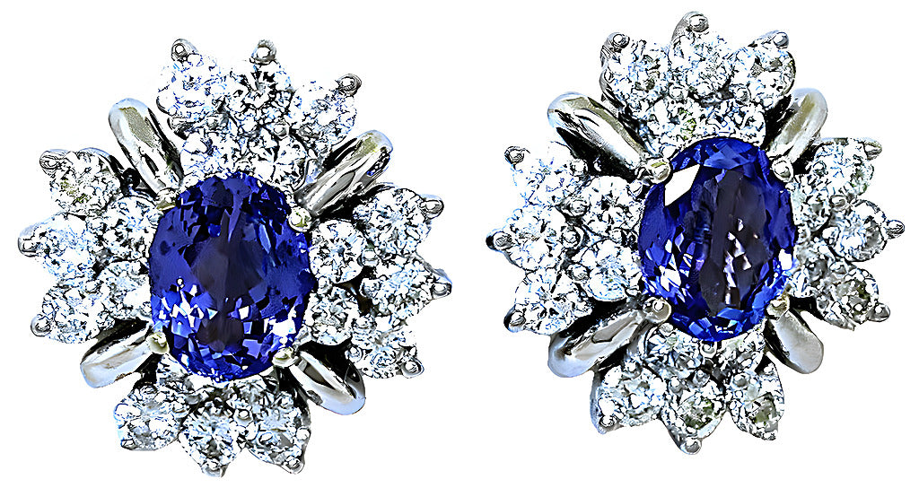 Oval Tanzanite Omega pierced clip earrings with diamonds - In House Treasure