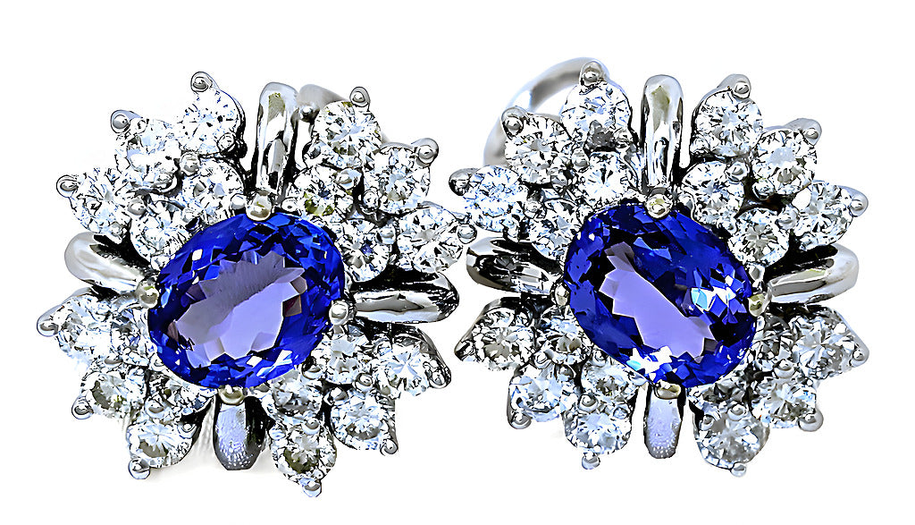 Oval Tanzanite Omega pierced clip earrings with diamonds - In House Treasure