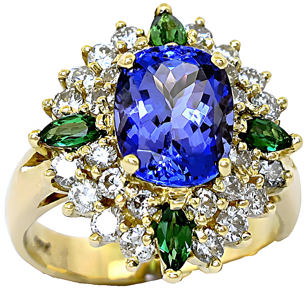 Oval Tanzanite marquise Tsavorite and diamond ring - In House Treasure