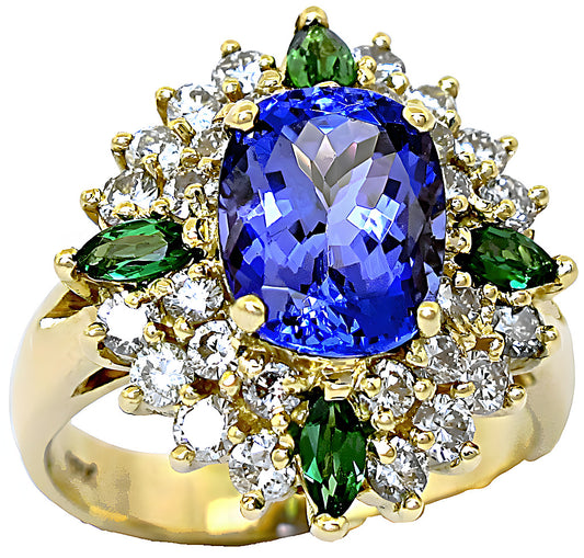 Oval Tanzanite marquise Tsavorite and diamond ring - In House Treasure