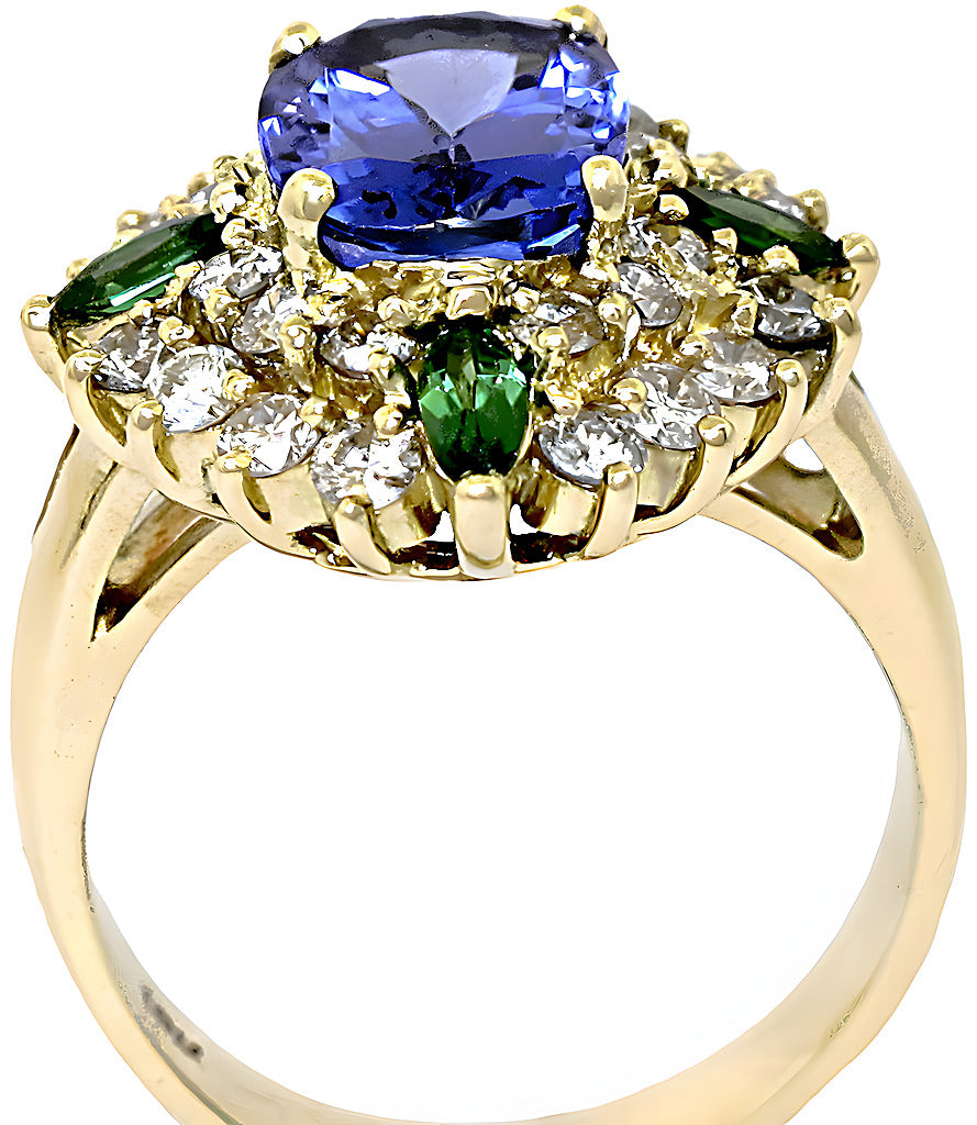 Oval Tanzanite marquise Tsavorite and diamond ring - In House Treasure